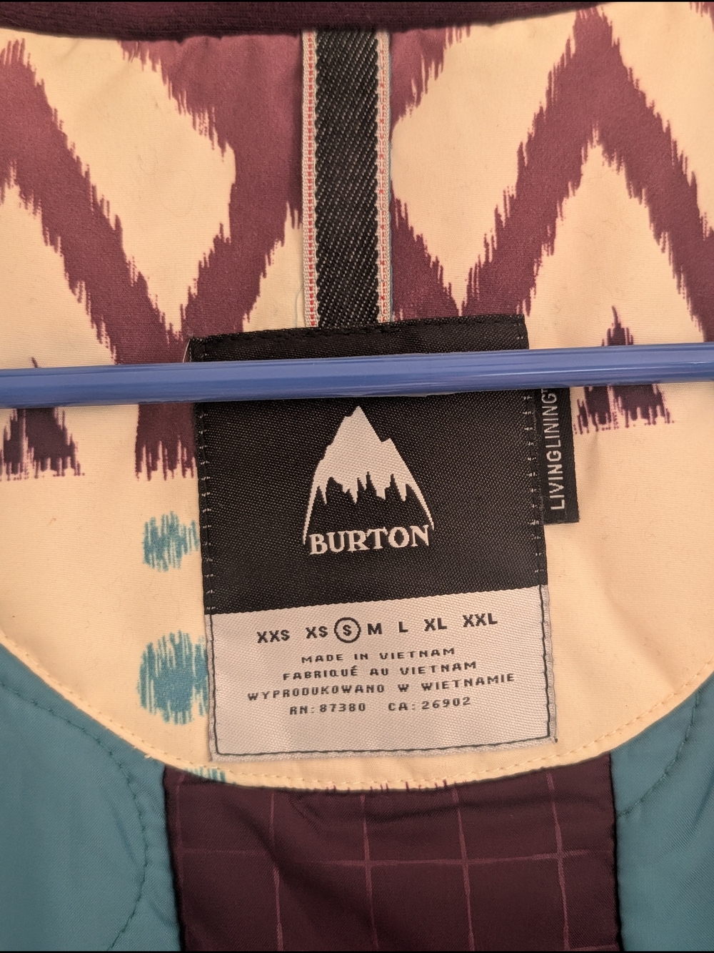 Burton Cream, Mauve & Teal Patterned Hooded Ski Jacket - Picture 2 of 7